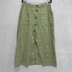 Zara Skirt Womens Large Green Linen Button Front Midi High Waist Raw Hem Pockets